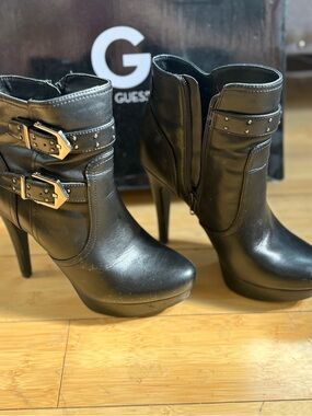 GUESS Black Platform Stiletto Ankle Boots with Buckle Straps